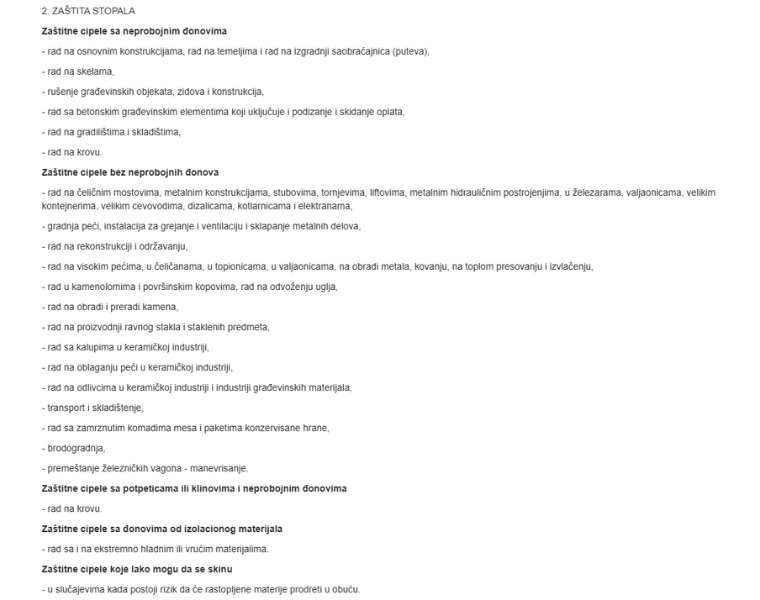 Tabela sa podelom radnih situacija i preporuka za zaštitne cipele prema vrsti đona